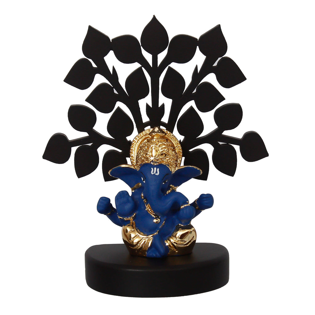Gold Plated Blue Polyresin Ganesha Idol with Wooden Tree for Home, Temple, Office and Car Dashboard Kafalo