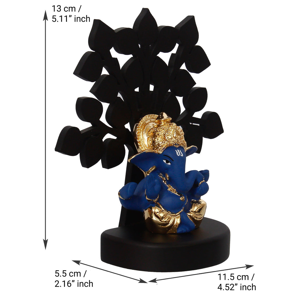 Gold Plated Blue Polyresin Ganesha Idol with Wooden Tree for Home, Temple, Office and Car Dashboard Kafalo