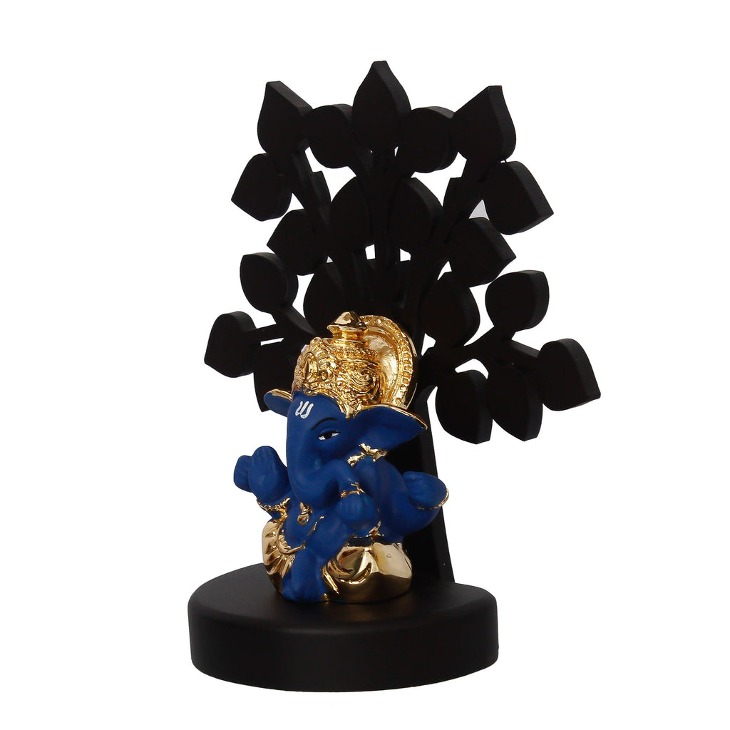 Gold Plated Blue Polyresin Ganesha Idol with Wooden Tree for Home, Temple, Office and Car Dashboard Kafalo