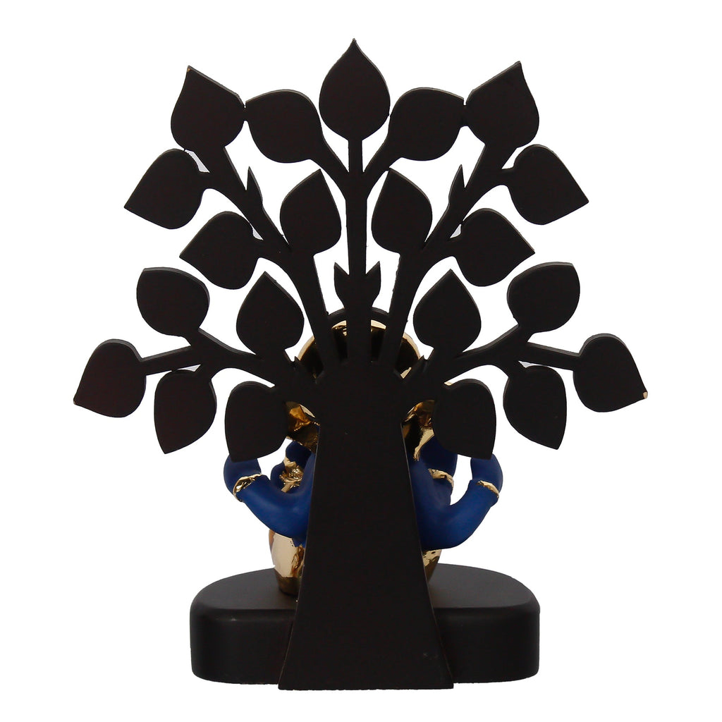 Gold Plated Blue Polyresin Ganesha Idol with Wooden Tree for Home, Temple, Office and Car Dashboard Kafalo