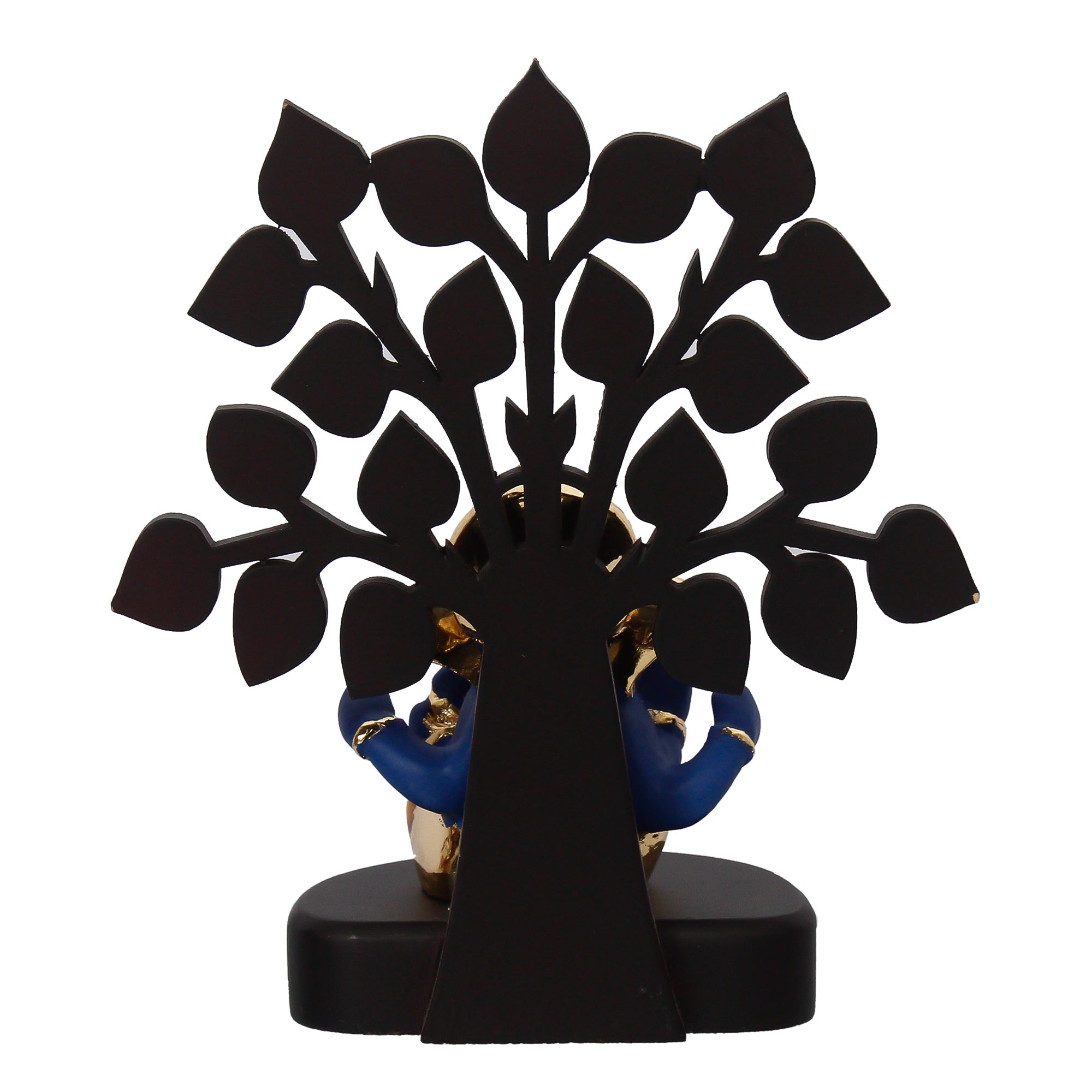 Gold Plated Blue Polyresin Ganesha Idol with Wooden Tree for Home, Temple, Office and Car Dashboard Kafalo