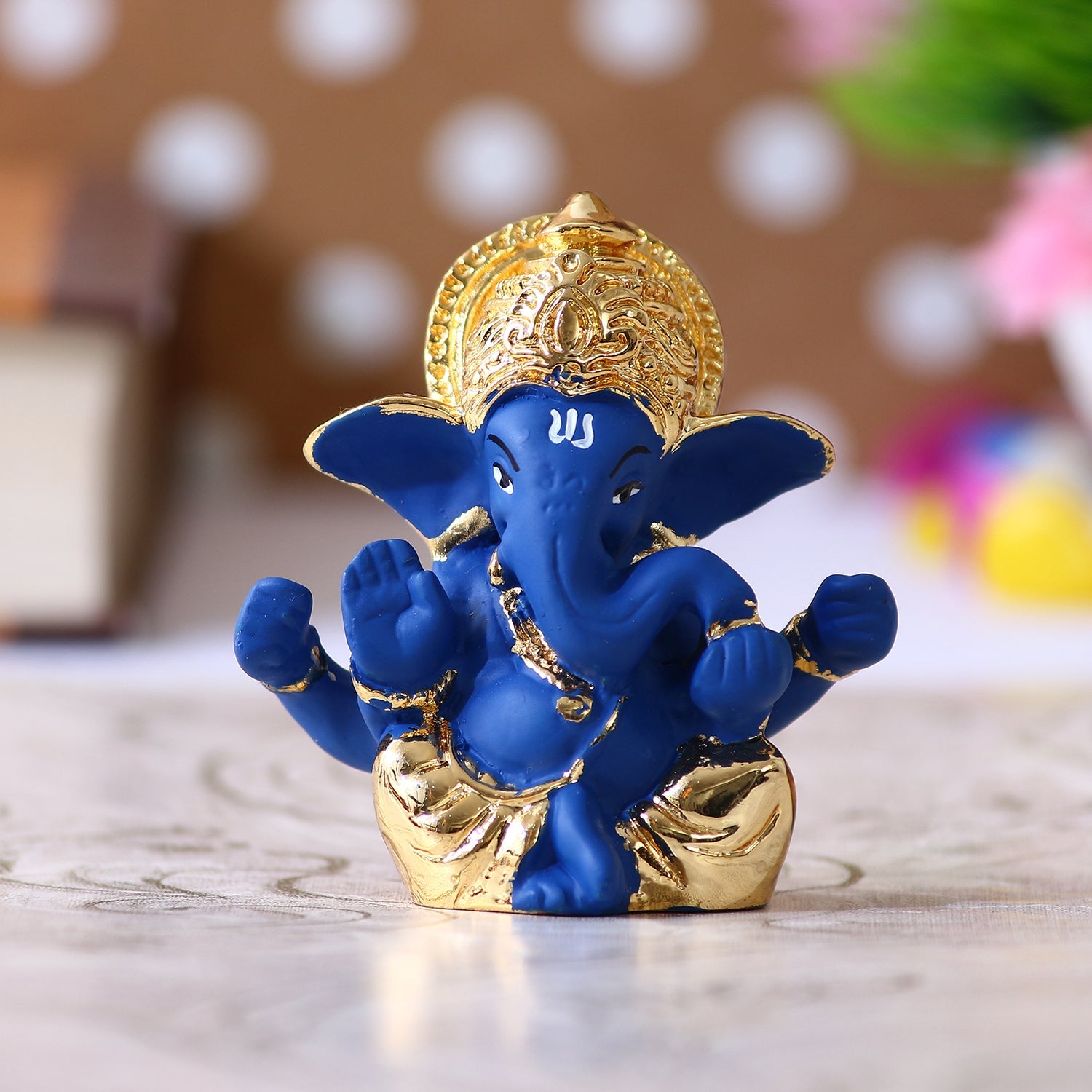 Gold Plated and Blue Polyresin Lord Ganesha Idol for Home, Temple, Office and Car Dashboard Kafalo