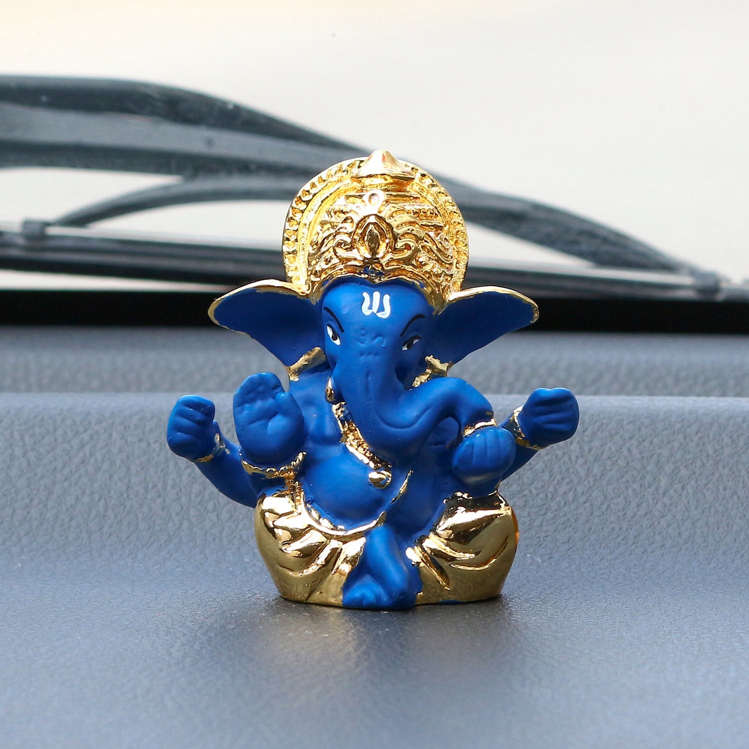 Gold Plated and Blue Polyresin Lord Ganesha Idol for Home, Temple, Office and Car Dashboard Kafalo
