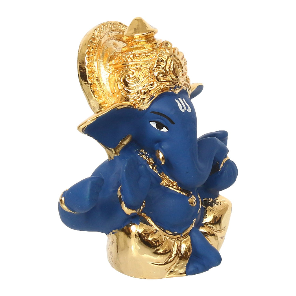 Gold Plated and Blue Polyresin Lord Ganesha Idol for Home, Temple, Office and Car Dashboard Kafalo