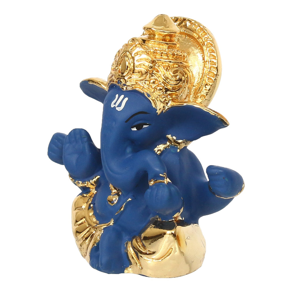 Gold Plated and Blue Polyresin Lord Ganesha Idol for Home, Temple, Office and Car Dashboard Kafalo
