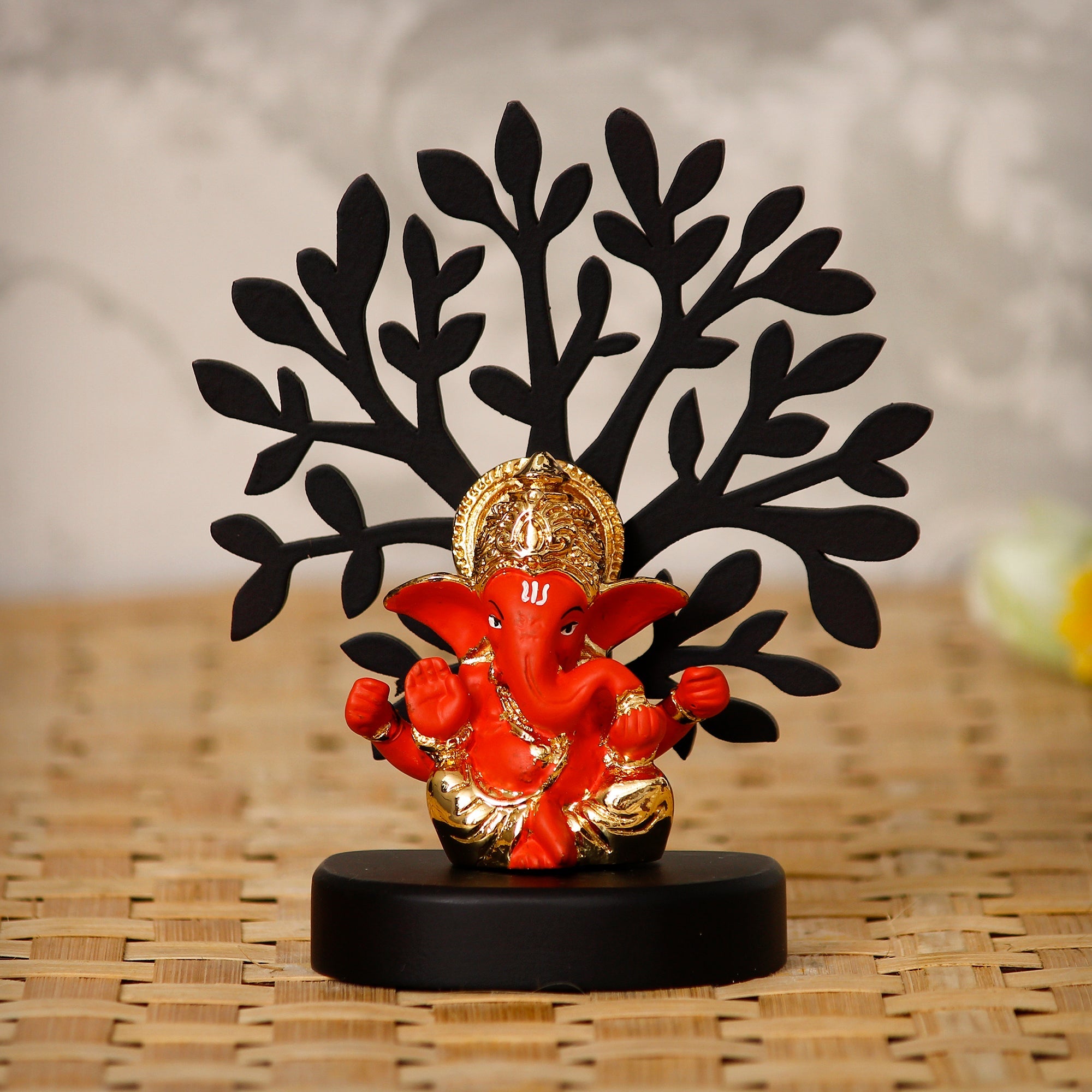 Gold Plated Orange Polyresin Ganesha Idol with Wooden Tree for Home, Temple, Office and Car Dashboard Kafalo