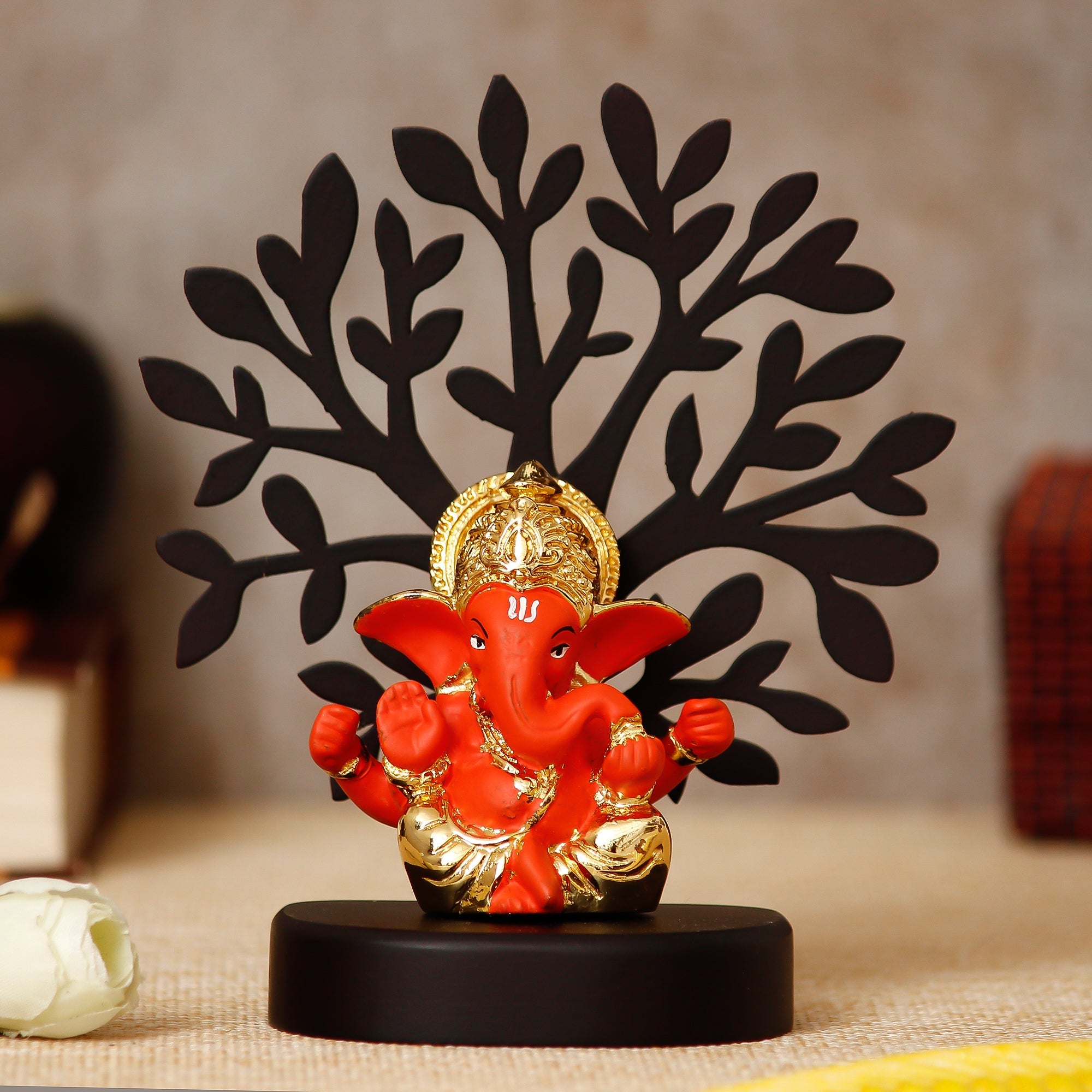 Gold Plated Orange Polyresin Ganesha Idol with Wooden Tree for Home, Temple, Office and Car Dashboard Kafalo