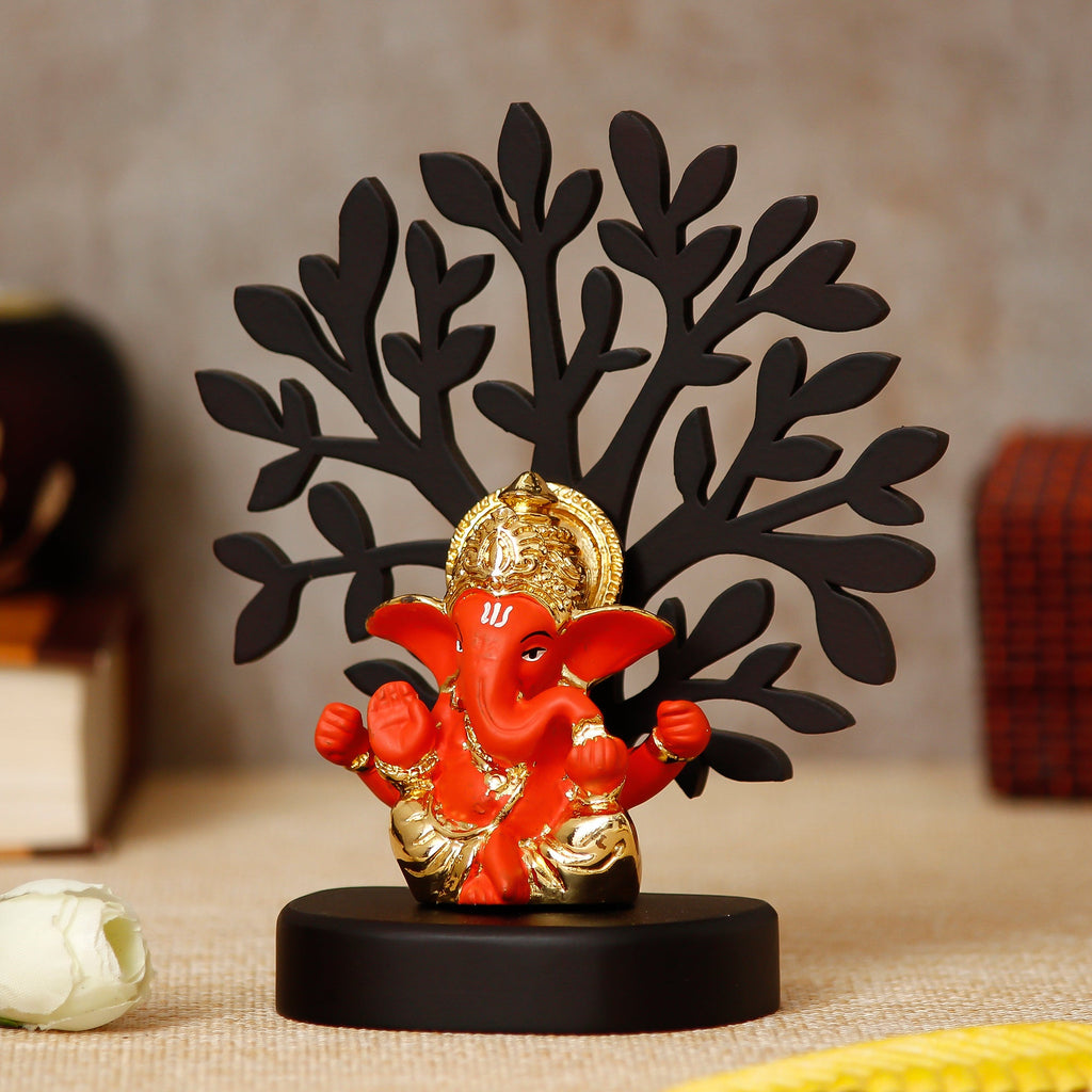 Gold Plated Orange Polyresin Ganesha Idol with Wooden Tree for Home, Temple, Office and Car Dashboard Kafalo