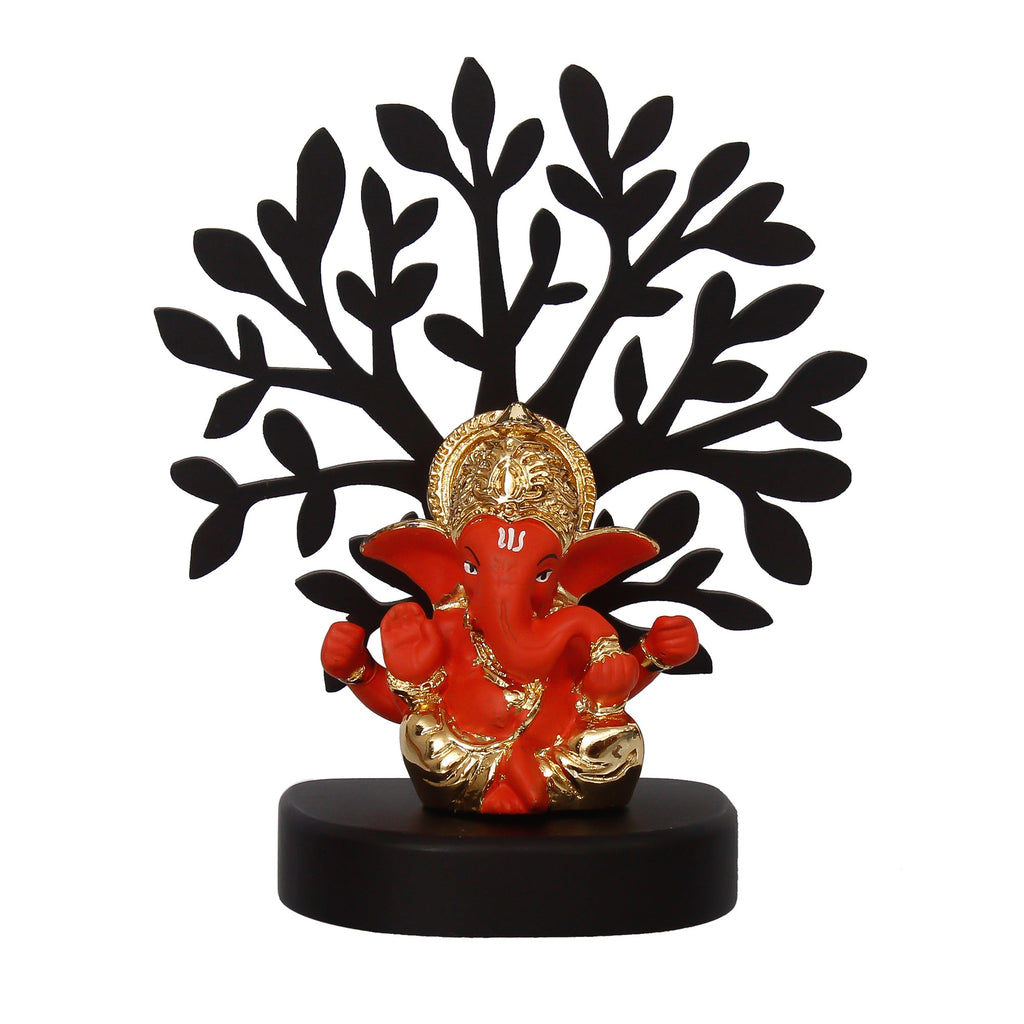 Gold Plated Orange Polyresin Ganesha Idol with Wooden Tree for Home, Temple, Office and Car Dashboard Kafalo