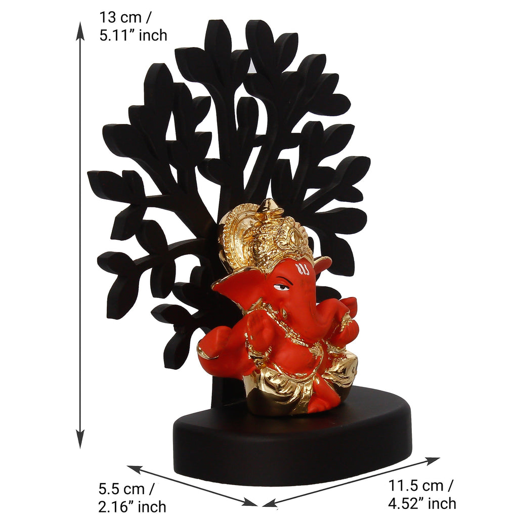 Gold Plated Orange Polyresin Ganesha Idol with Wooden Tree for Home, Temple, Office and Car Dashboard Kafalo