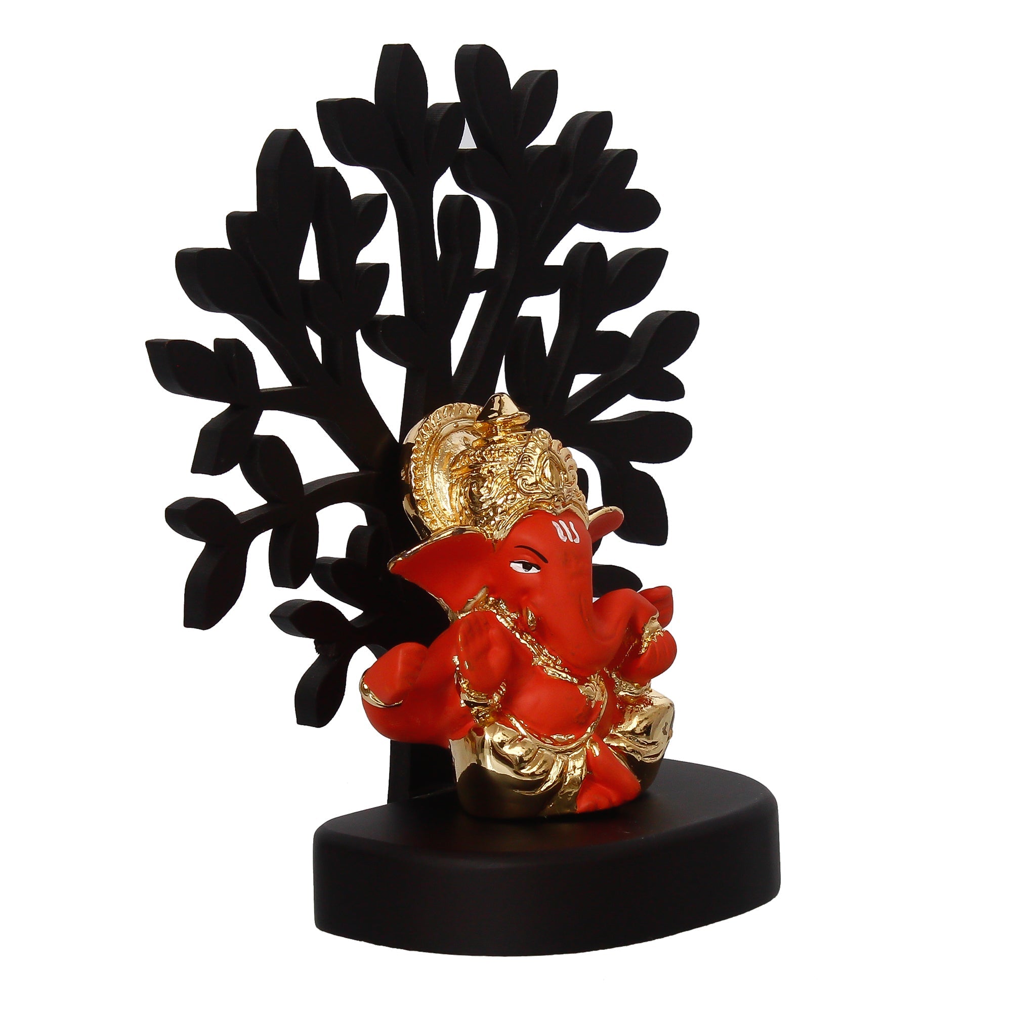Gold Plated Orange Polyresin Ganesha Idol with Wooden Tree for Home, Temple, Office and Car Dashboard Kafalo