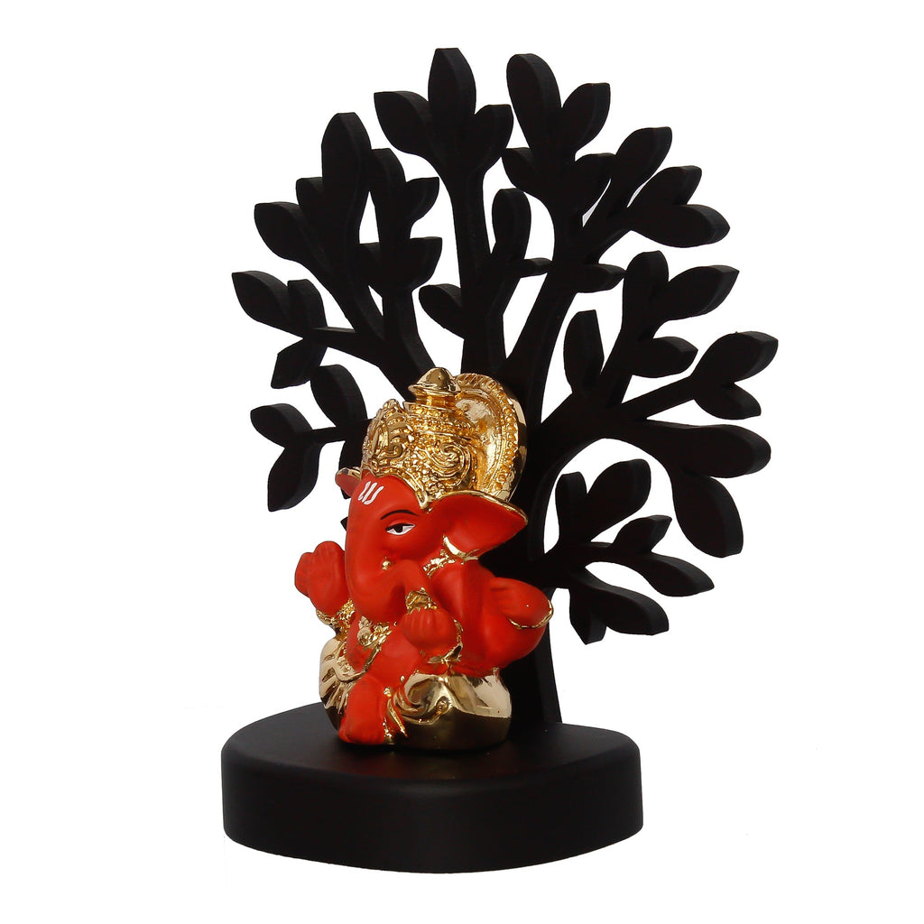 Gold Plated Orange Polyresin Ganesha Idol with Wooden Tree for Home, Temple, Office and Car Dashboard Kafalo
