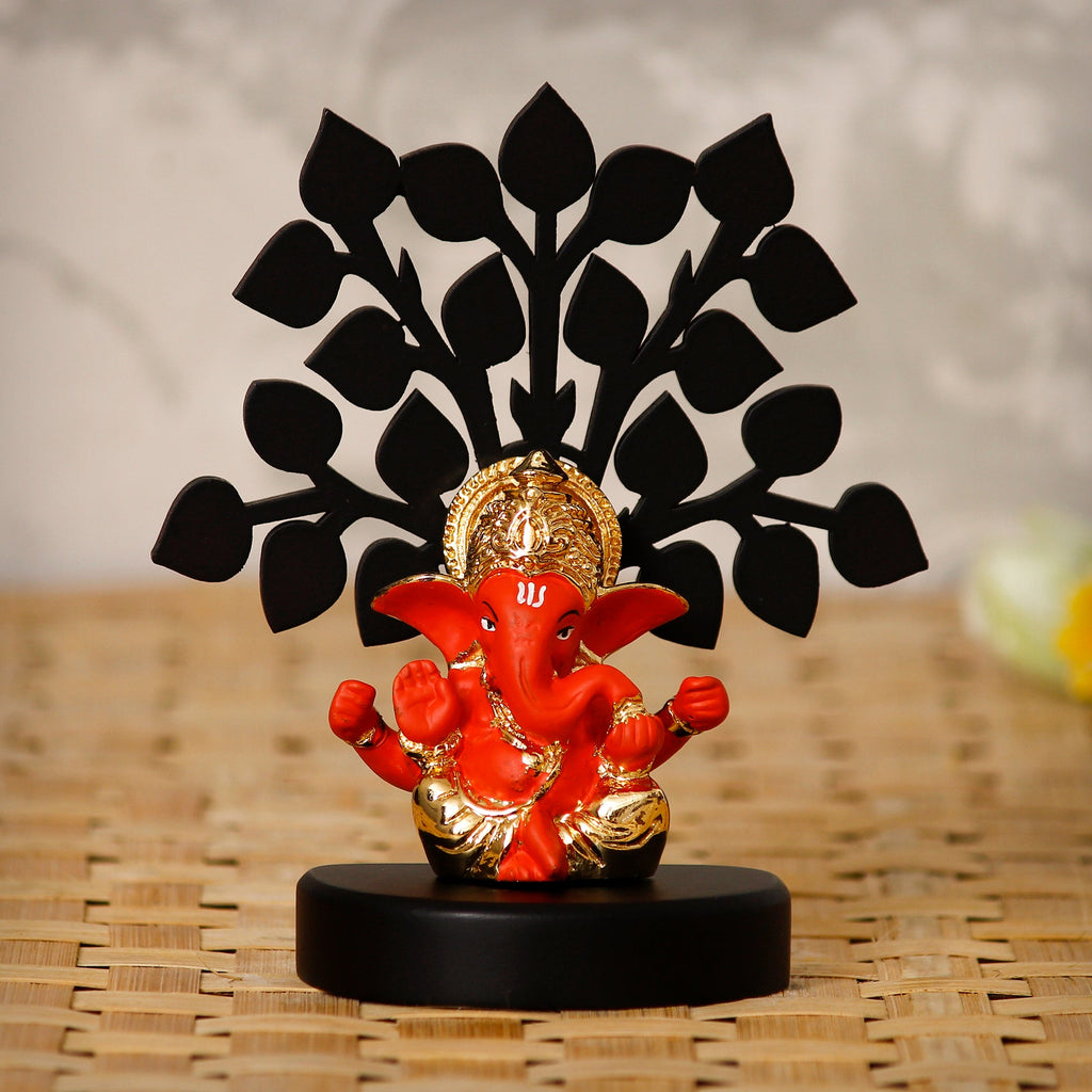 Gold Plated Orange Polyresin Ganesha Idol/Murti with Wooden Tree for Home, Temple, Office and Car Dashboard Kafalo