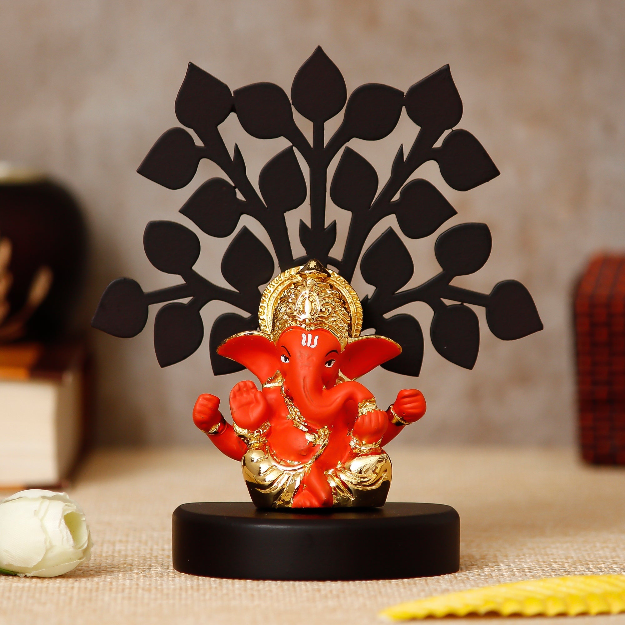 Gold Plated Orange Polyresin Ganesha Idol/Murti with Wooden Tree for Home, Temple, Office and Car Dashboard Kafalo
