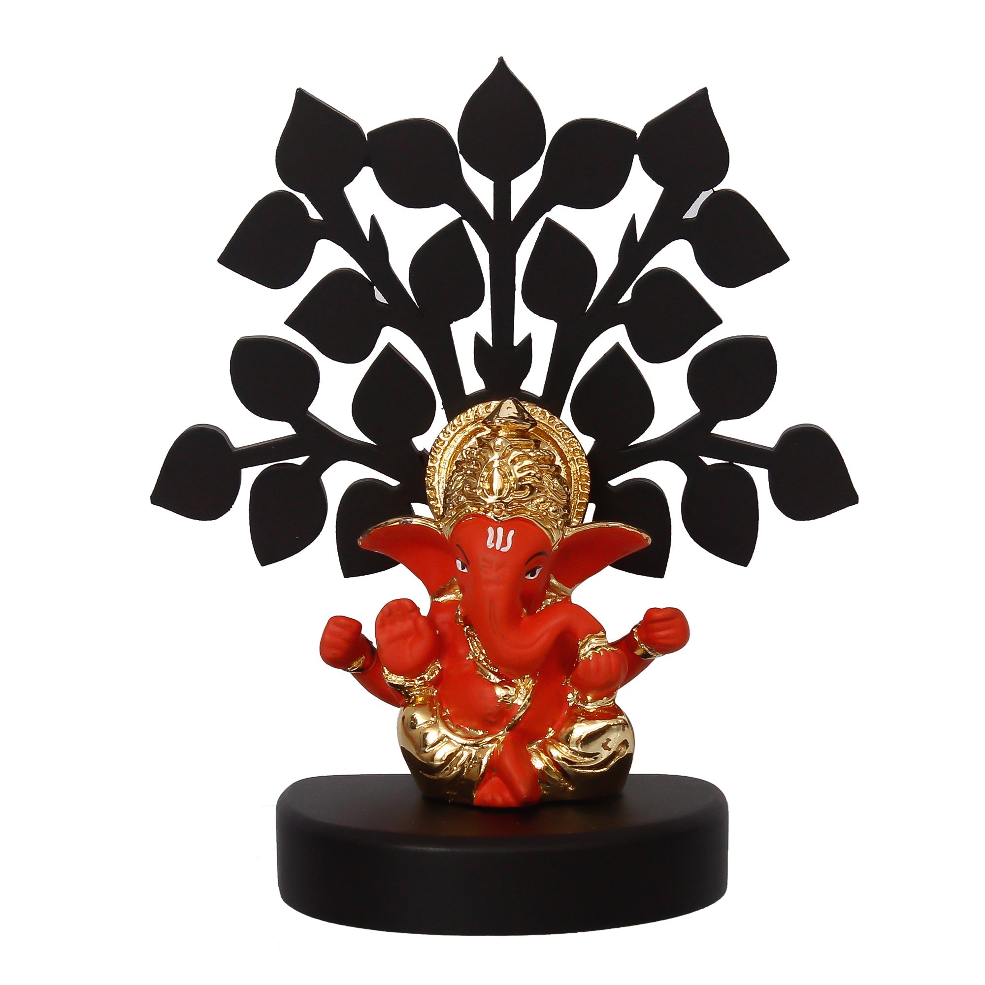 Gold Plated Orange Polyresin Ganesha Idol/Murti with Wooden Tree for Home, Temple, Office and Car Dashboard Kafalo
