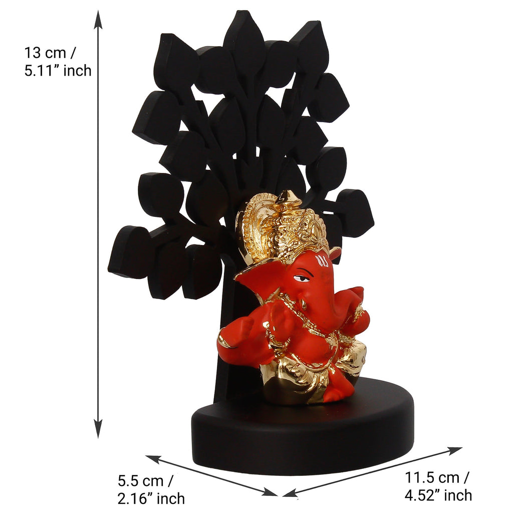 Gold Plated Orange Polyresin Ganesha Idol/Murti with Wooden Tree for Home, Temple, Office and Car Dashboard Kafalo