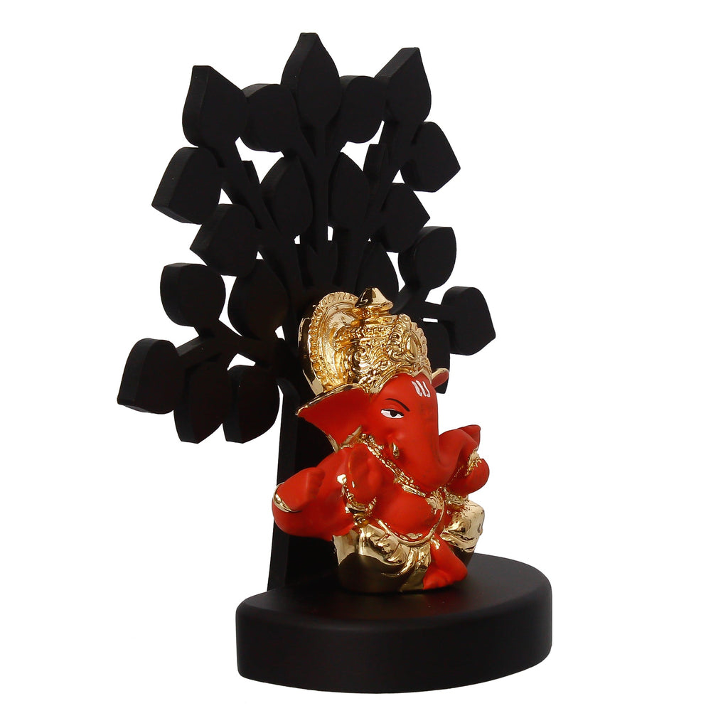 Gold Plated Orange Polyresin Ganesha Idol/Murti with Wooden Tree for Home, Temple, Office and Car Dashboard Kafalo