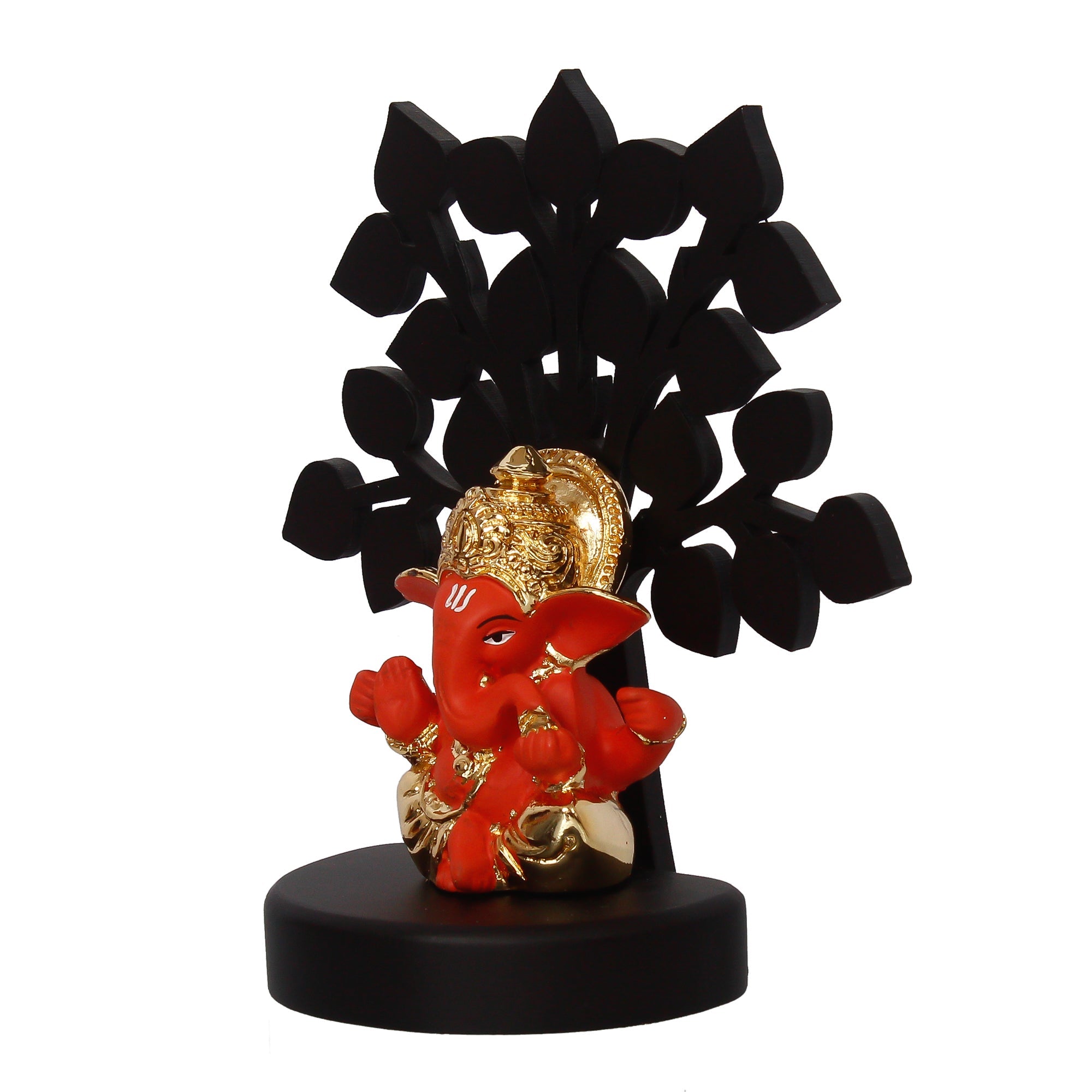 Gold Plated Orange Polyresin Ganesha Idol/Murti with Wooden Tree for Home, Temple, Office and Car Dashboard Kafalo