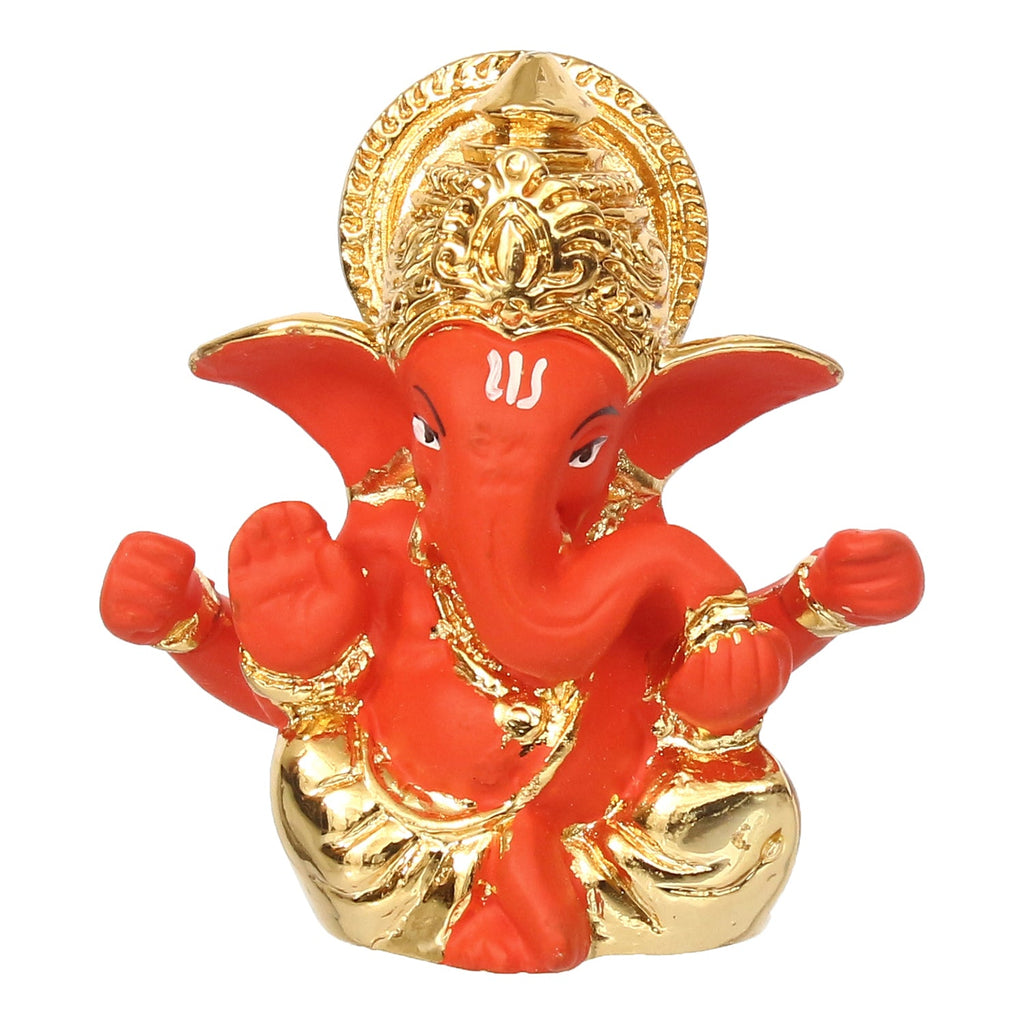 Gold Plated Orange Polyresin Lord Ganesha Idol for Home, Temple, Office and Car Dashboard Kafalo