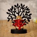 Gold Plated Red Polyresin Ganesha Idol with Wooden Tree for Home, Temple, Office and Car Dashboard Kafalo