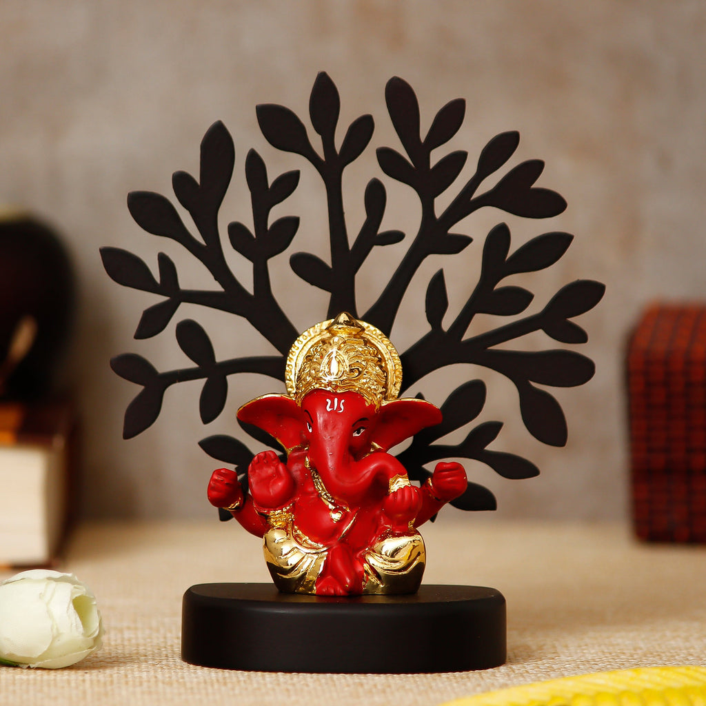 Gold Plated Red Polyresin Ganesha Idol with Wooden Tree for Home, Temple, Office and Car Dashboard Kafalo