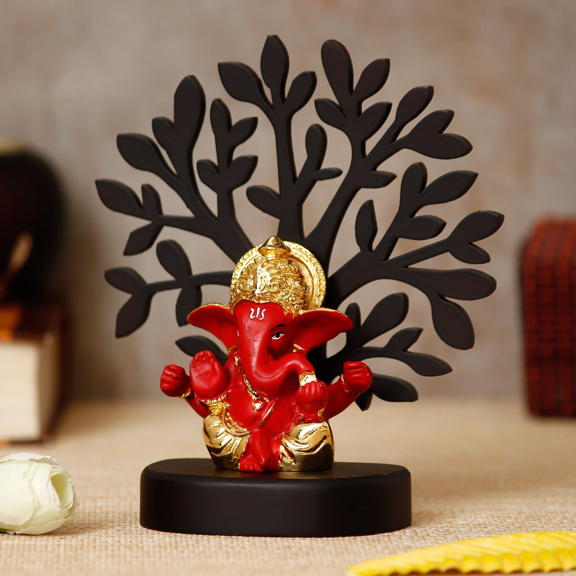 Gold Plated Red Polyresin Ganesha Idol with Wooden Tree for Home, Temple, Office and Car Dashboard Kafalo