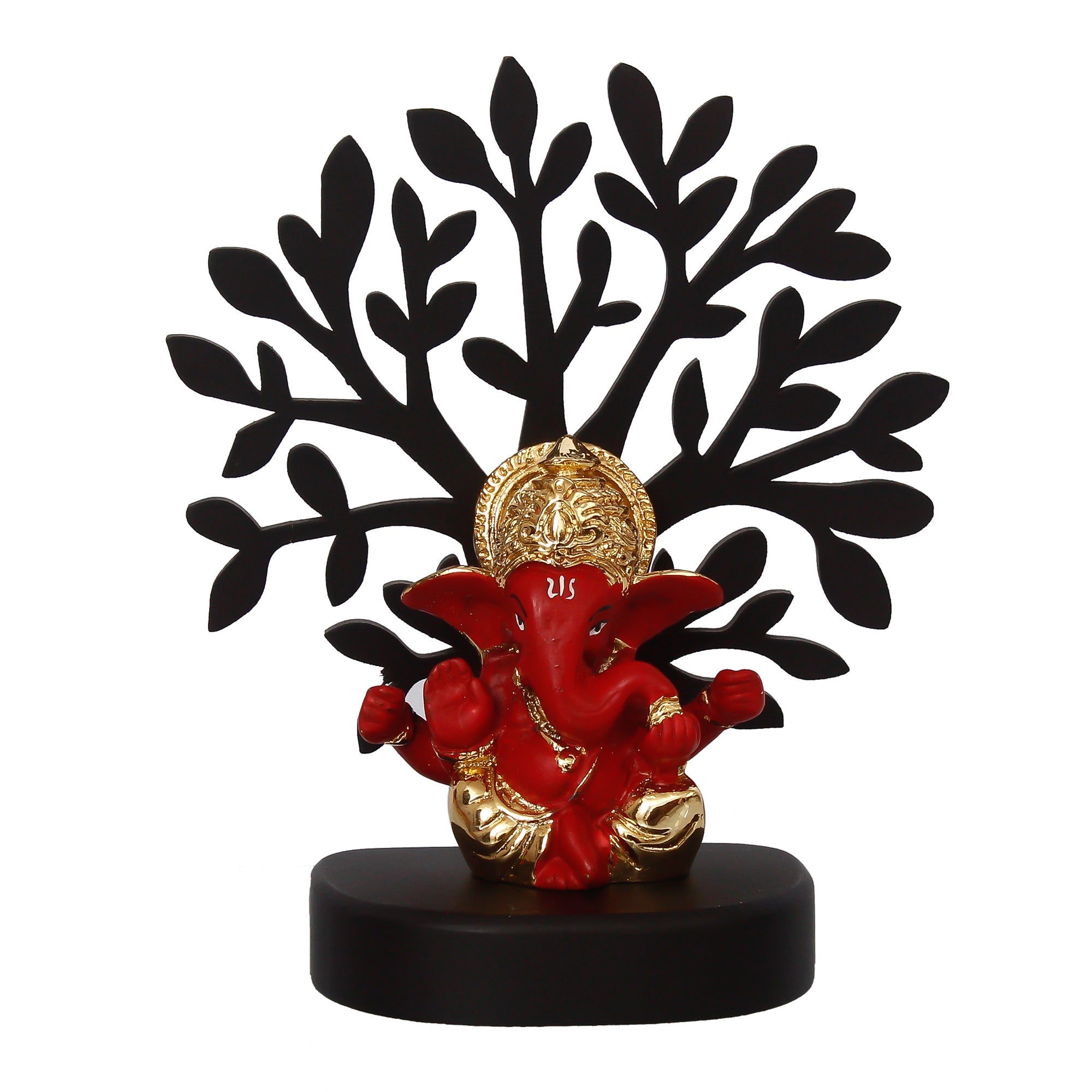 Gold Plated Red Polyresin Ganesha Idol with Wooden Tree for Home, Temple, Office and Car Dashboard Kafalo