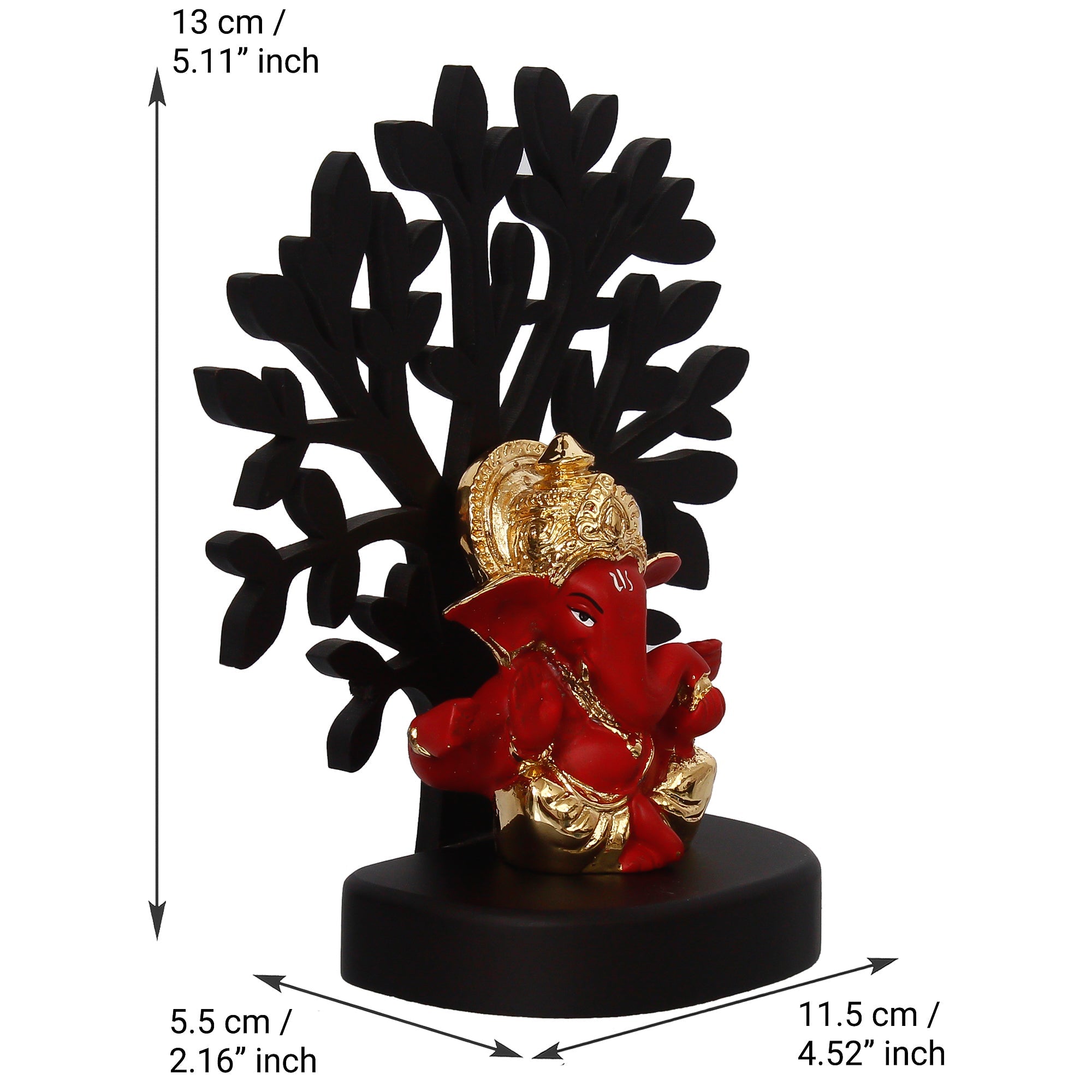 Gold Plated Red Polyresin Ganesha Idol with Wooden Tree for Home, Temple, Office and Car Dashboard Kafalo