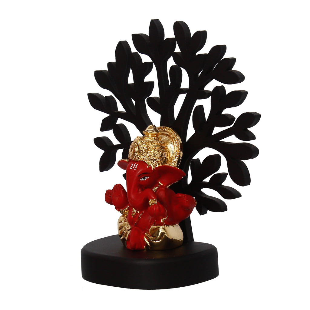 Gold Plated Red Polyresin Ganesha Idol with Wooden Tree for Home, Temple, Office and Car Dashboard Kafalo