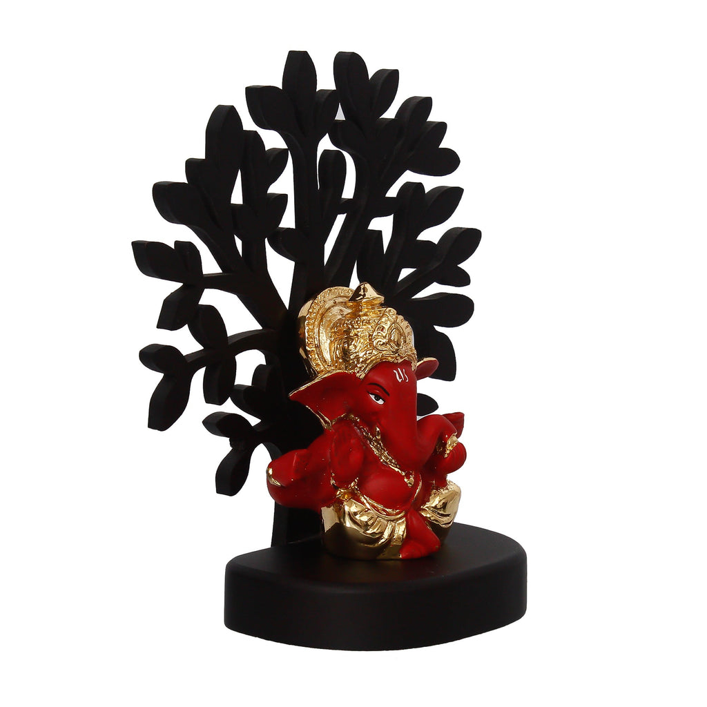 Gold Plated Red Polyresin Ganesha Idol with Wooden Tree for Home, Temple, Office and Car Dashboard Kafalo