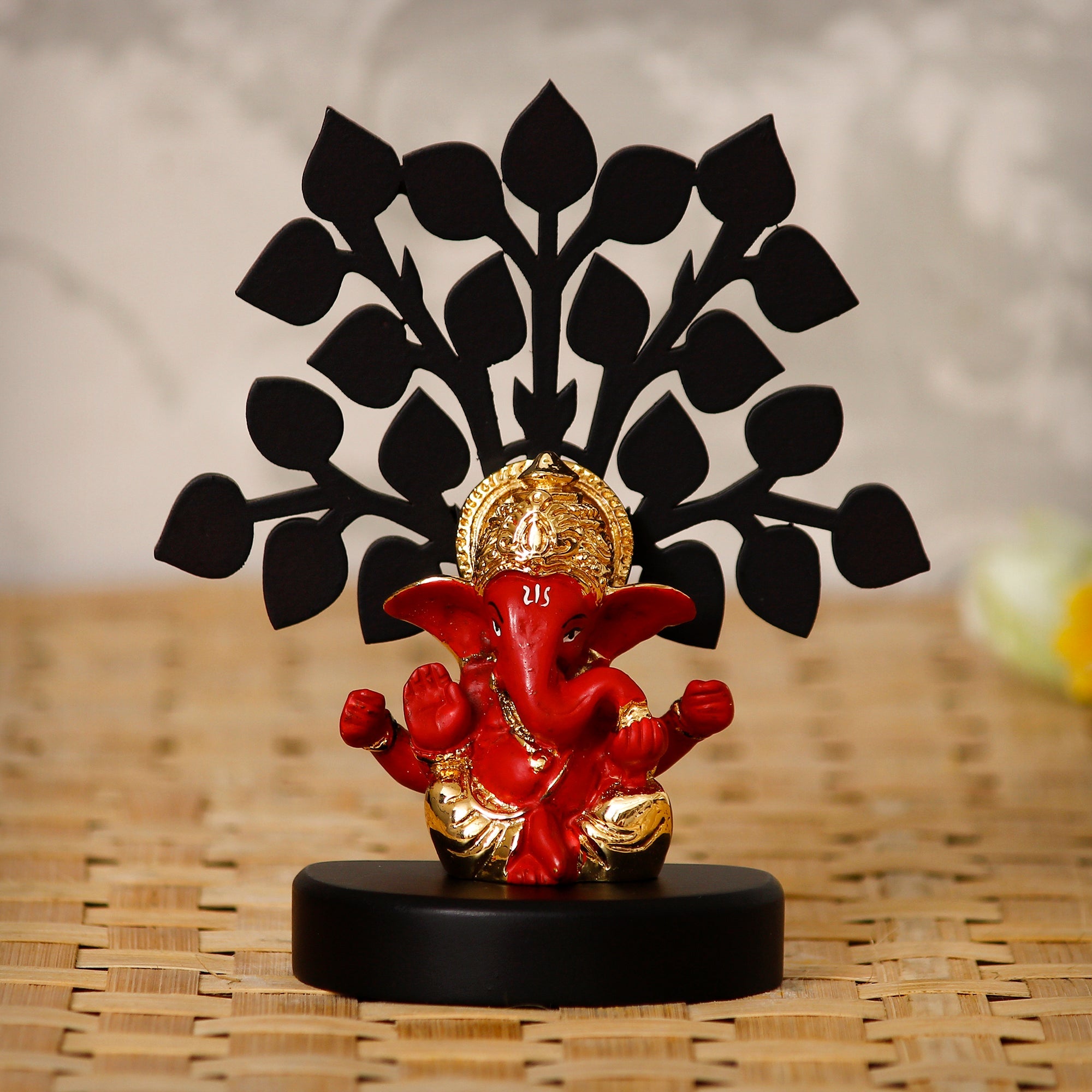 Gold Plated Red Polyresin Ganesha Idol with Wooden Tree for Home, Temple, Office and Car Dashboard Kafalo