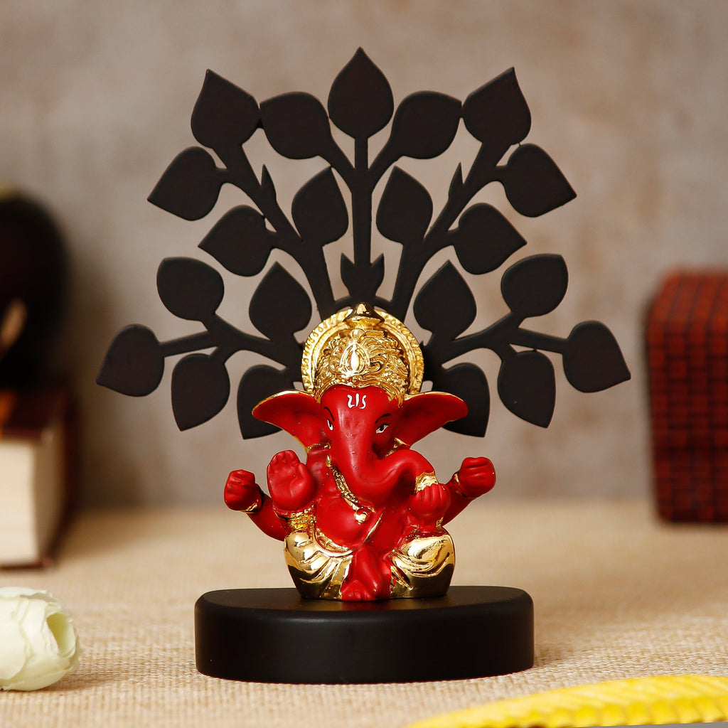 Gold Plated Red Polyresin Ganesha Idol with Wooden Tree for Home, Temple, Office and Car Dashboard Kafalo