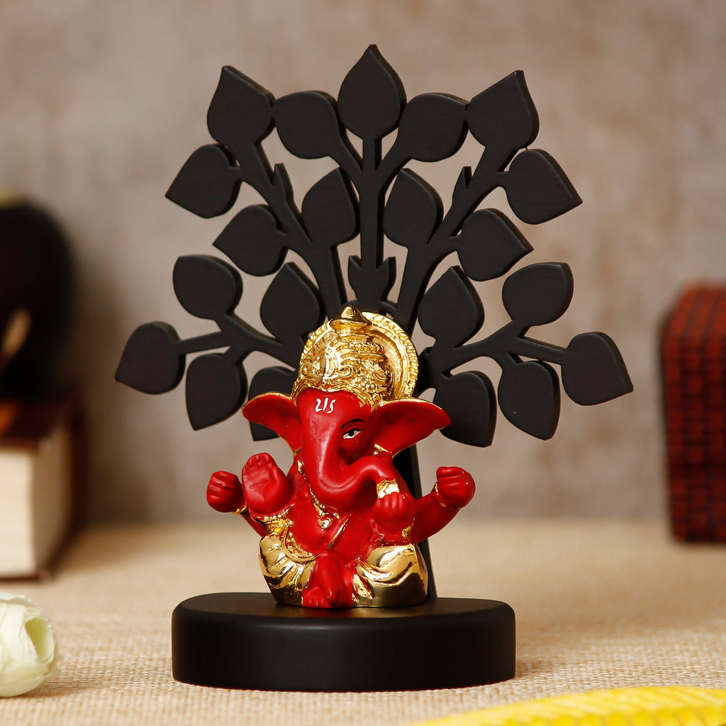 Gold Plated Red Polyresin Ganesha Idol with Wooden Tree for Home, Temple, Office and Car Dashboard Kafalo