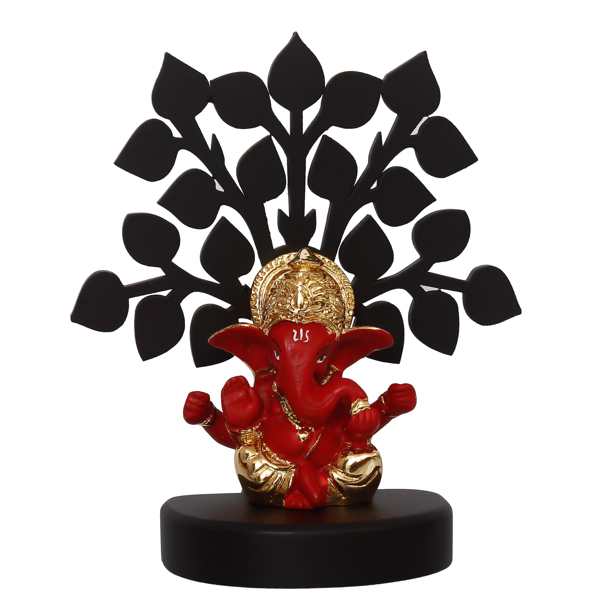 Gold Plated Red Polyresin Ganesha Idol with Wooden Tree for Home, Temple, Office and Car Dashboard Kafalo