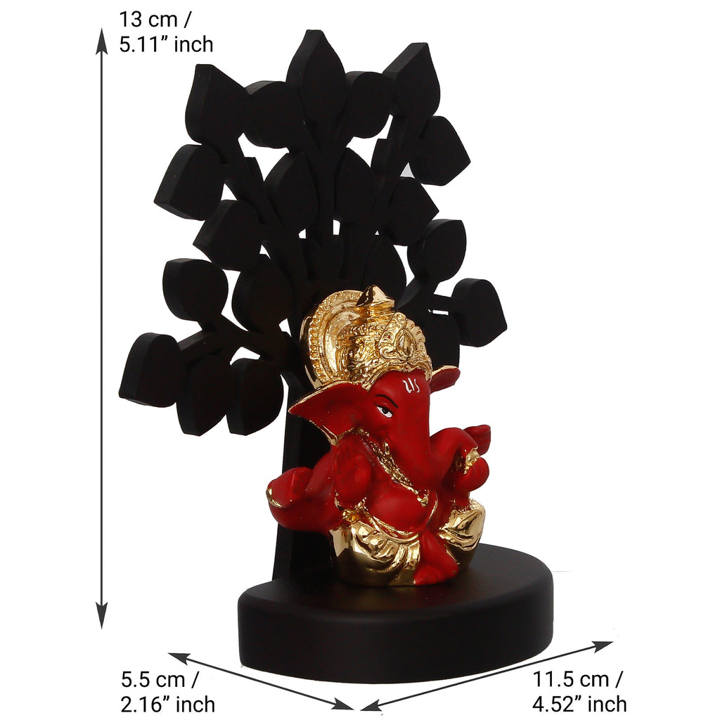 Gold Plated Red Polyresin Ganesha Idol with Wooden Tree for Home, Temple, Office and Car Dashboard Kafalo