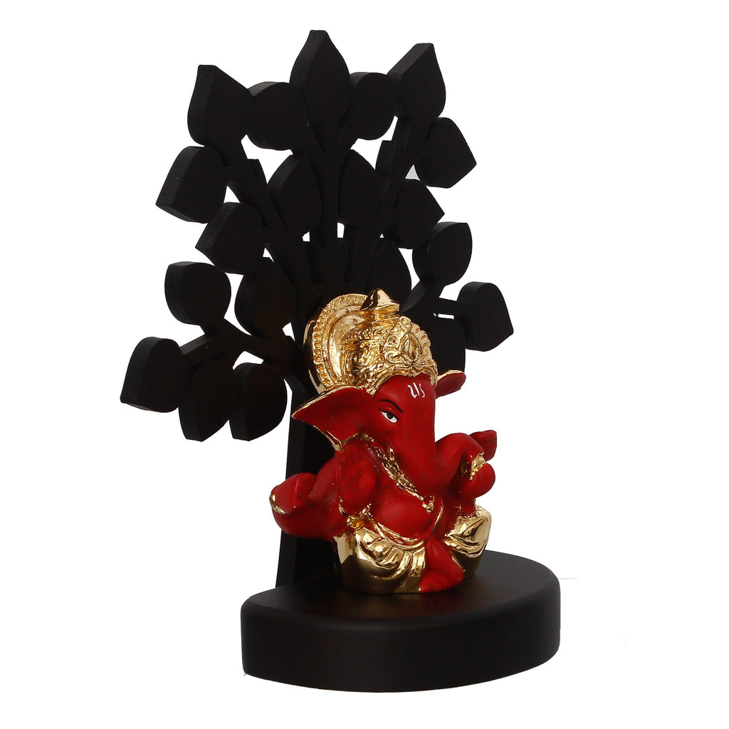 Gold Plated Red Polyresin Ganesha Idol with Wooden Tree for Home, Temple, Office and Car Dashboard Kafalo