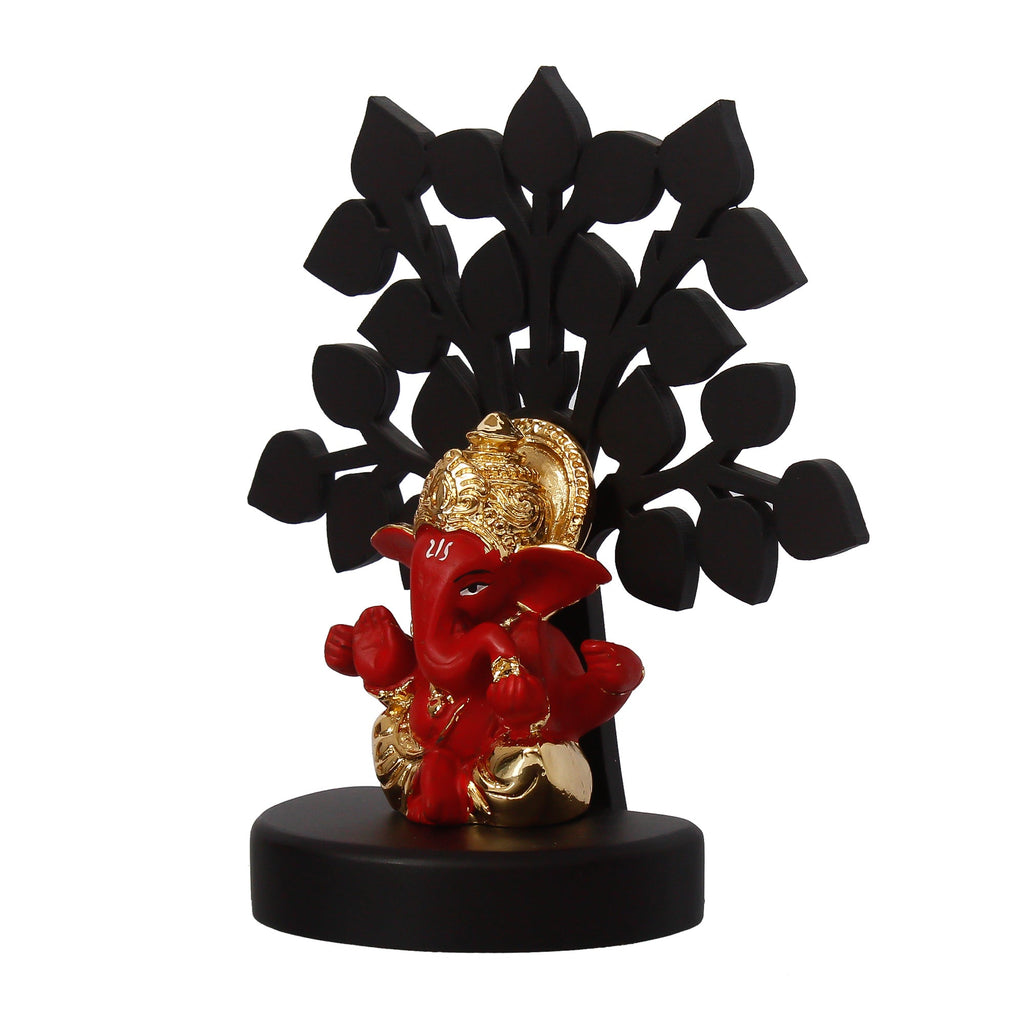 Gold Plated Red Polyresin Ganesha Idol with Wooden Tree for Home, Temple, Office and Car Dashboard Kafalo