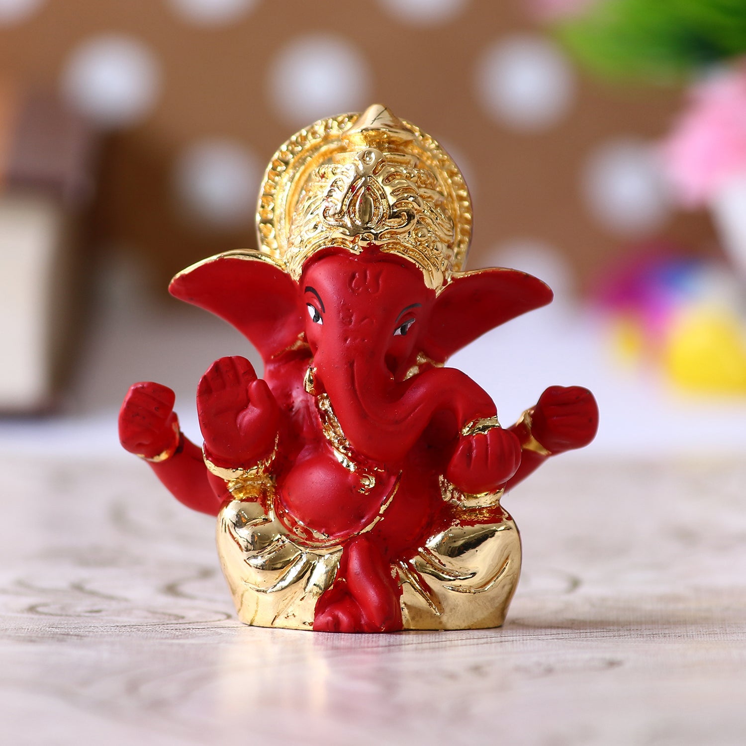 Gold Plated Red Polyresin Lord Ganesha Idol for Home, Temple, Office and Car Dashboard Kafalo