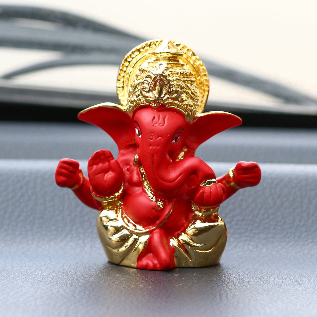 Gold Plated Red Polyresin Lord Ganesha Idol for Home, Temple, Office and Car Dashboard Kafalo