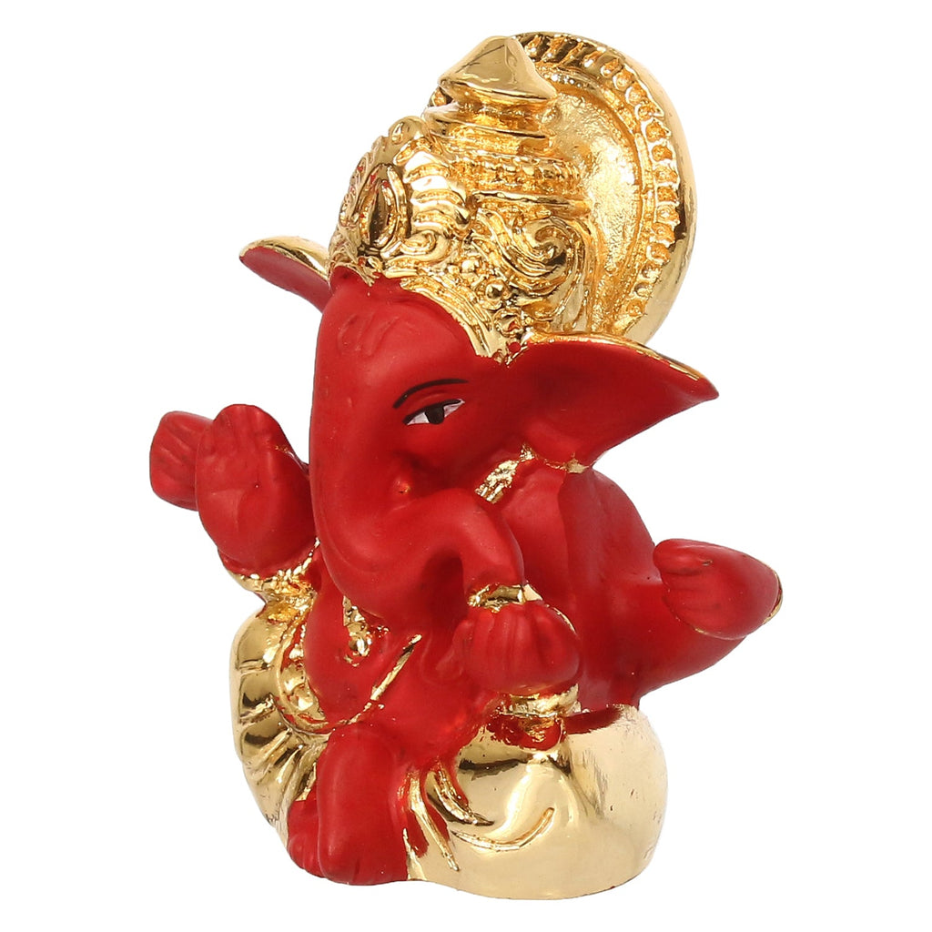 Gold Plated Red Polyresin Lord Ganesha Idol for Home, Temple, Office and Car Dashboard Kafalo