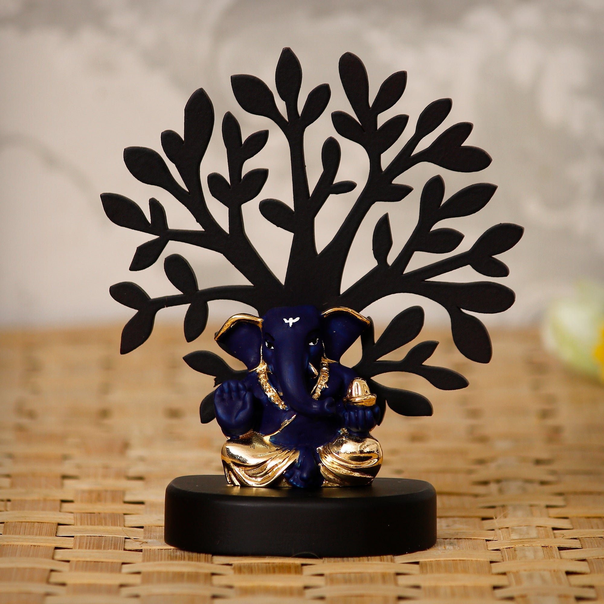 Gold Plated Blue Polyresin Appu Ganesha Idol with Wooden Tree for Home, Temple, Office and Car Dashboard Kafalo