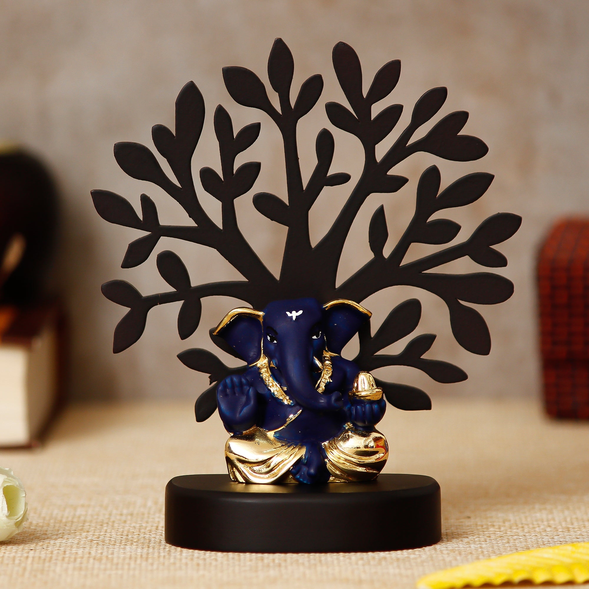 Gold Plated Blue Polyresin Appu Ganesha Idol with Wooden Tree for Home, Temple, Office and Car Dashboard Kafalo