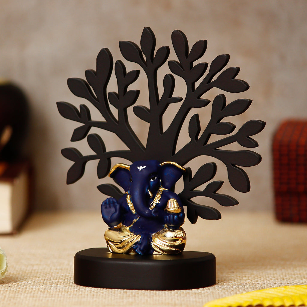 Gold Plated Blue Polyresin Appu Ganesha Idol with Wooden Tree for Home, Temple, Office and Car Dashboard Kafalo