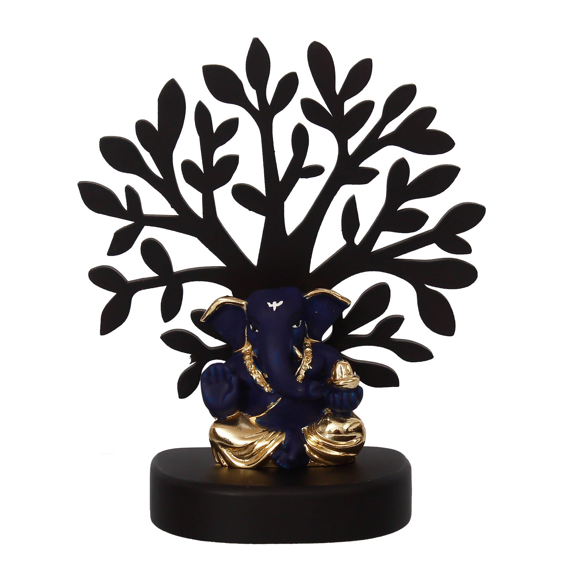 Gold Plated Blue Polyresin Appu Ganesha Idol with Wooden Tree for Home, Temple, Office and Car Dashboard Kafalo