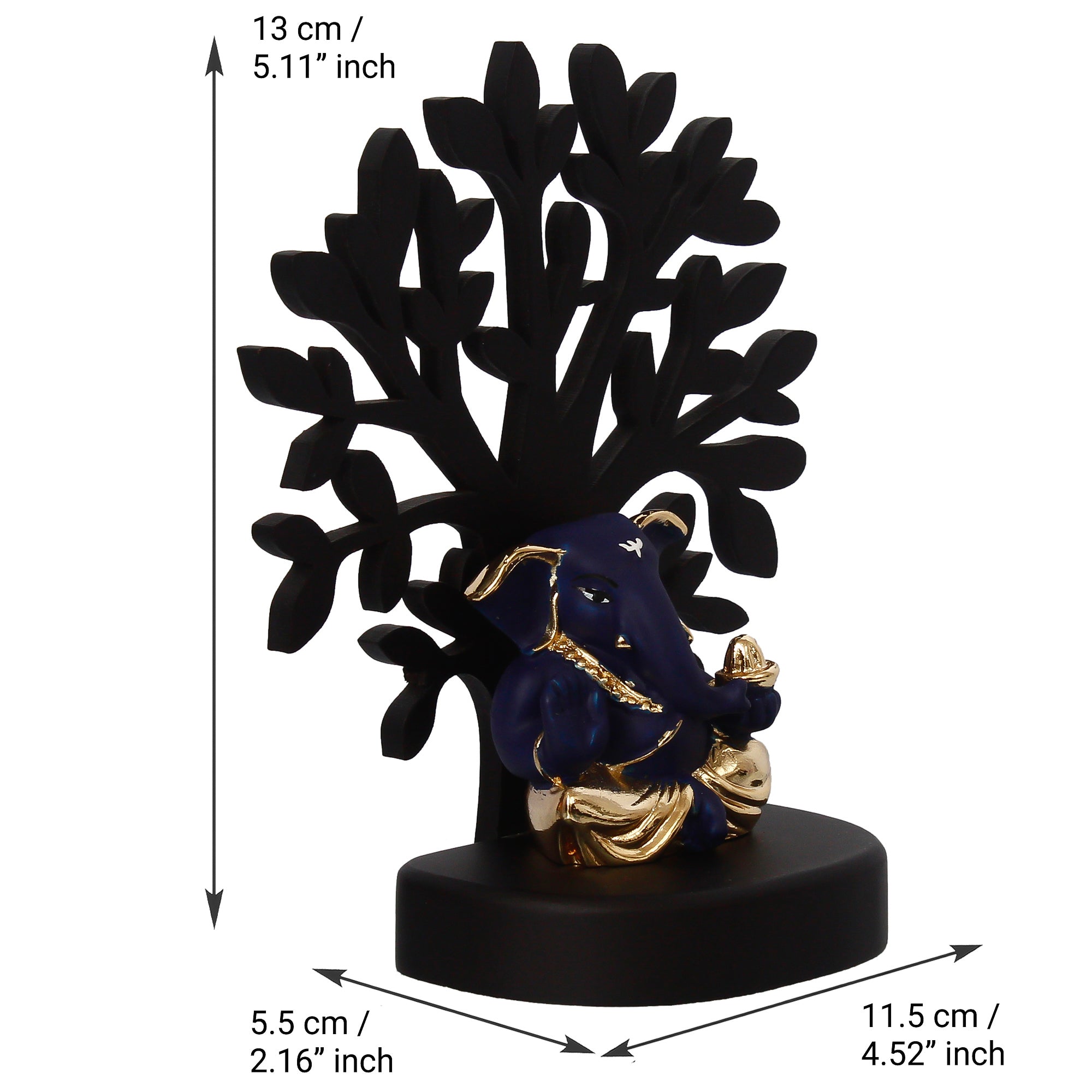 Gold Plated Blue Polyresin Appu Ganesha Idol with Wooden Tree for Home, Temple, Office and Car Dashboard Kafalo
