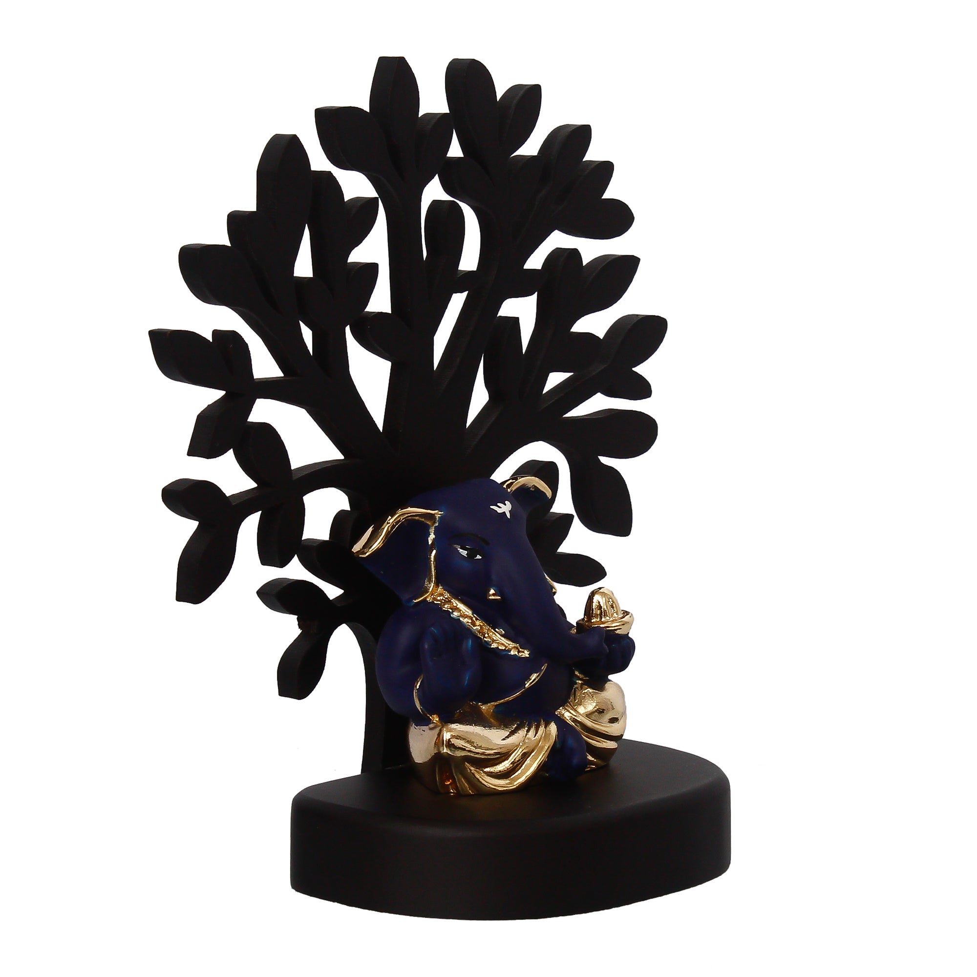 Gold Plated Blue Polyresin Appu Ganesha Idol with Wooden Tree for Home, Temple, Office and Car Dashboard Kafalo