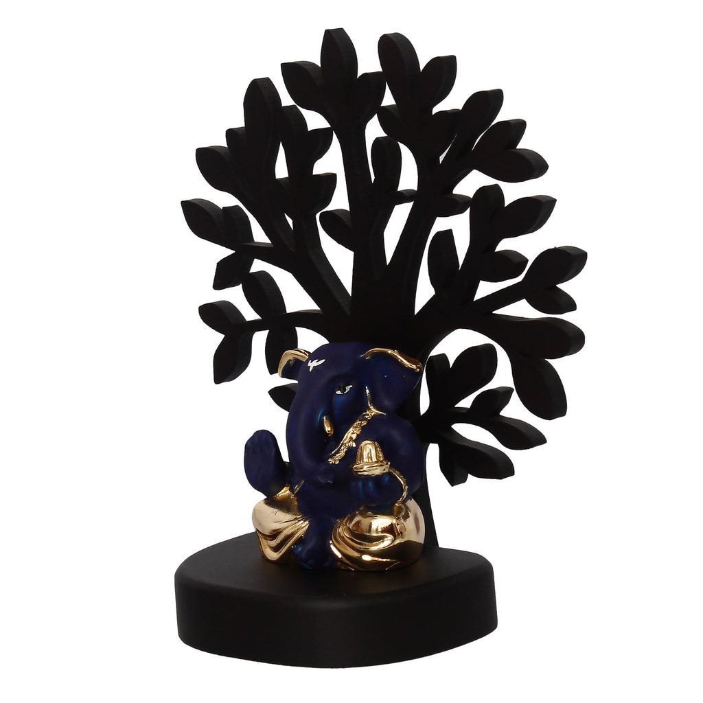 Gold Plated Blue Polyresin Appu Ganesha Idol with Wooden Tree for Home, Temple, Office and Car Dashboard Kafalo