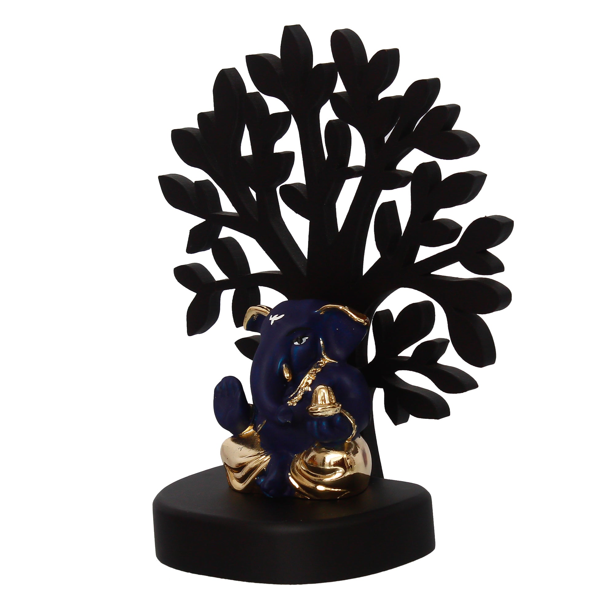 Gold Plated Blue Polyresin Appu Ganesha Idol with Wooden Tree for Home, Temple, Office and Car Dashboard Kafalo