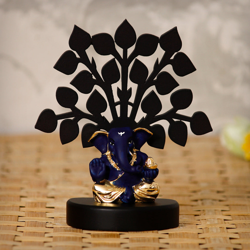 Gold Plated Blue Polyresin Appu Ganesha Statue with Wooden Tree for Home, Temple, Office and Car Dashboard Kafalo