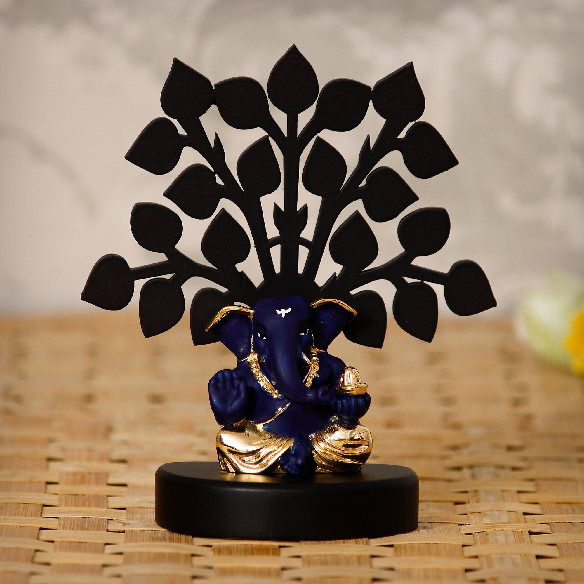 Gold Plated Blue Polyresin Appu Ganesha Statue with Wooden Tree for Home, Temple, Office and Car Dashboard Kafalo
